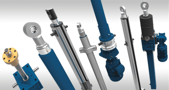 A group of different types of hydraulic cylinders.