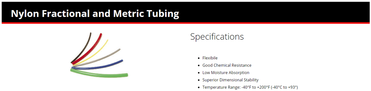 A picture of the specifications page for a plastic tubing.