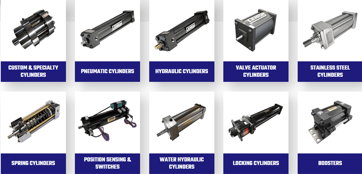 A series of hydraulic cylinders with different types.