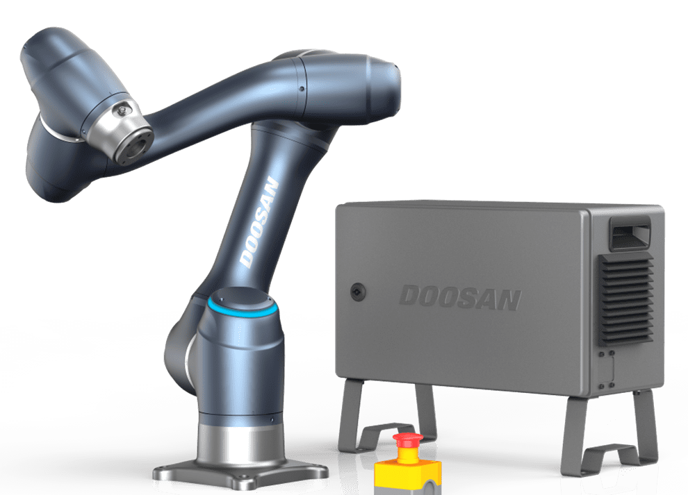 A robot arm is shown next to a computer.
