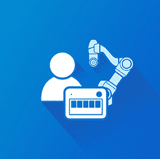 A blue background with a robot and a person