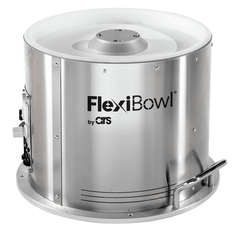 A silver bowl with the words " flexibowl " on it.