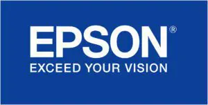 A blue and white logo of epson