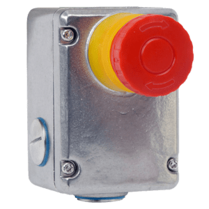 A red and yellow button on the side of a metal box.