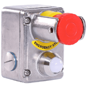 A metal box with a red button on top.