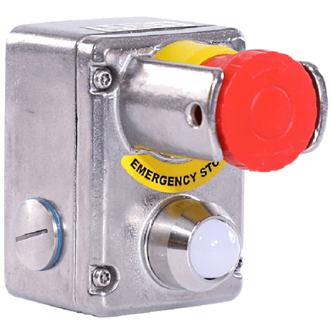 A metal box with a red button on top.