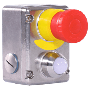 A metal box with a red and yellow button.