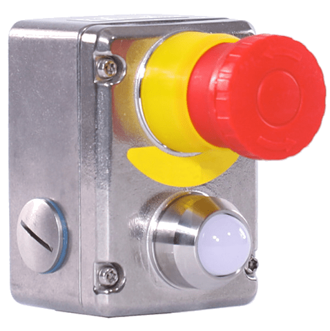 A metal box with a red and yellow button.