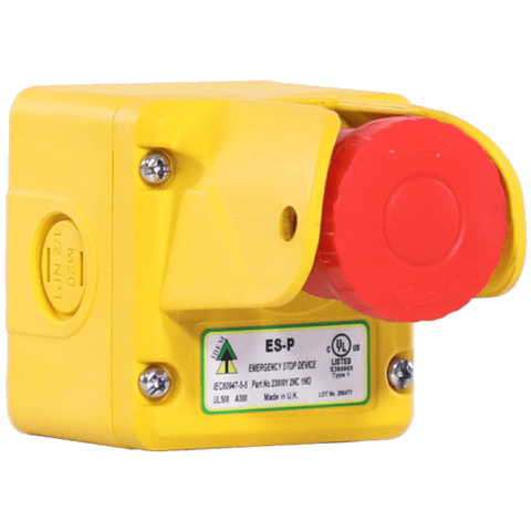 A yellow box with a red button on it.