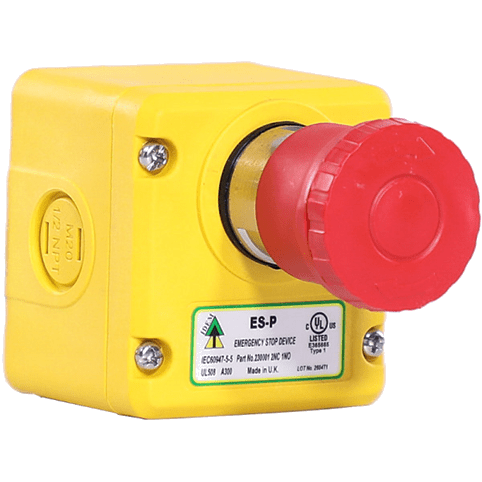 A yellow box with red button on top.