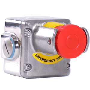A red emergency stop button attached to a metal box.