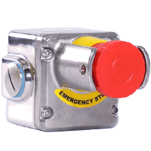 A red emergency stop button attached to a metal box.