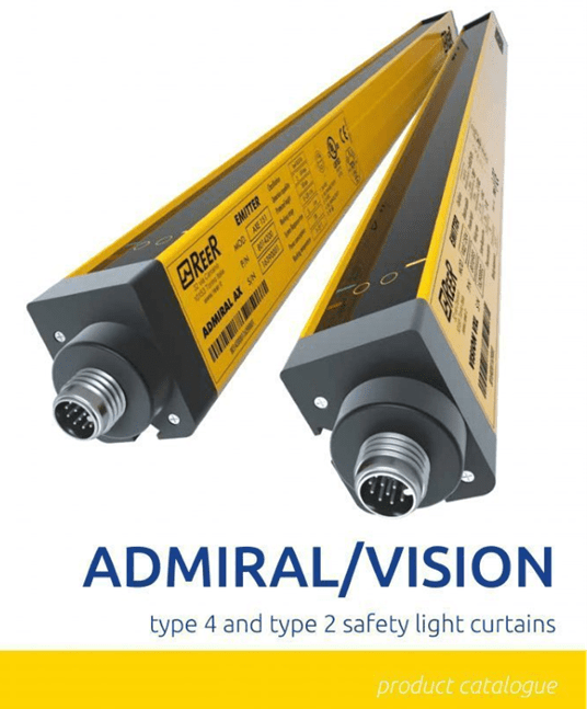 A pair of yellow and black lamps with the words " admiral / vision " underneath them.