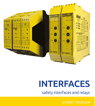A yellow safety interfaces and relays box.