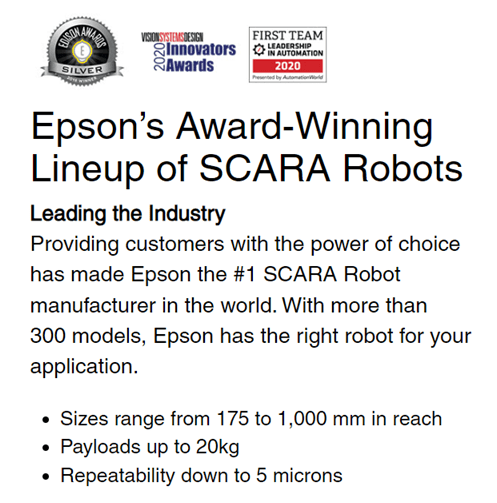 A flyer for epson 's award-winning lineup of scara robots.