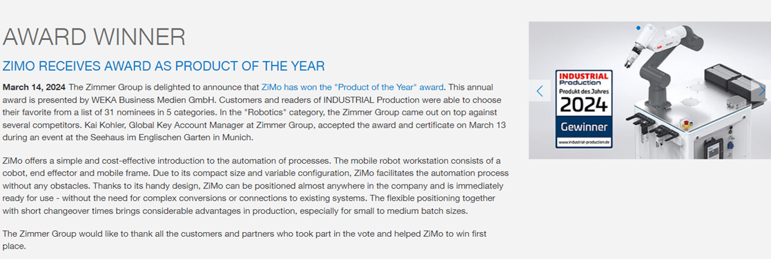 A page from the zimo product of the year award.