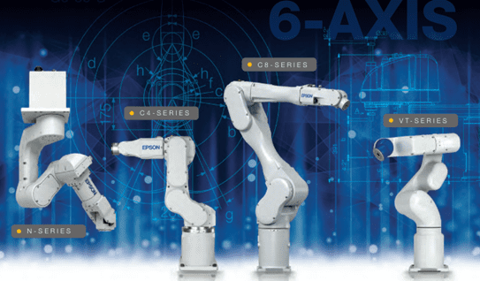 A series of robotic arms on display in front of a blue background.