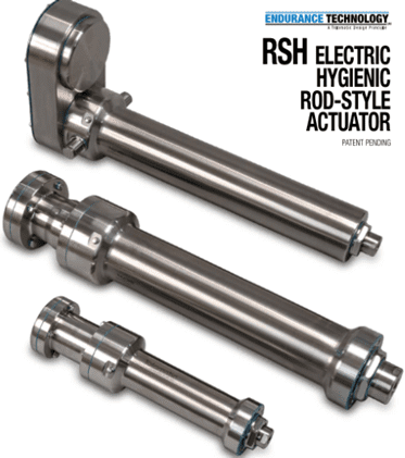A group of three different sized rods with the words rsh electric hygienic rod-style actuator on top.
