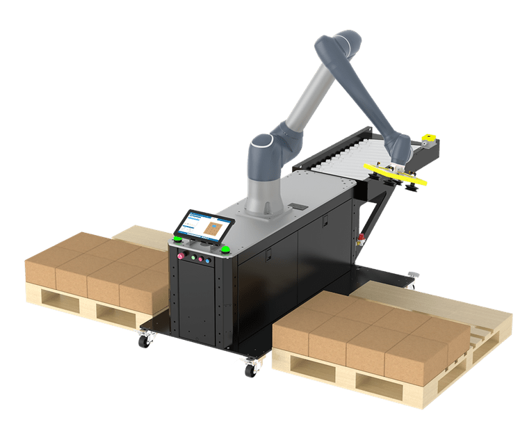 A robot is moving boxes on pallets.