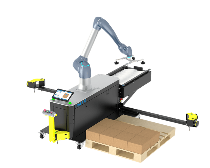 A machine that is holding boxes on top of a pallet.