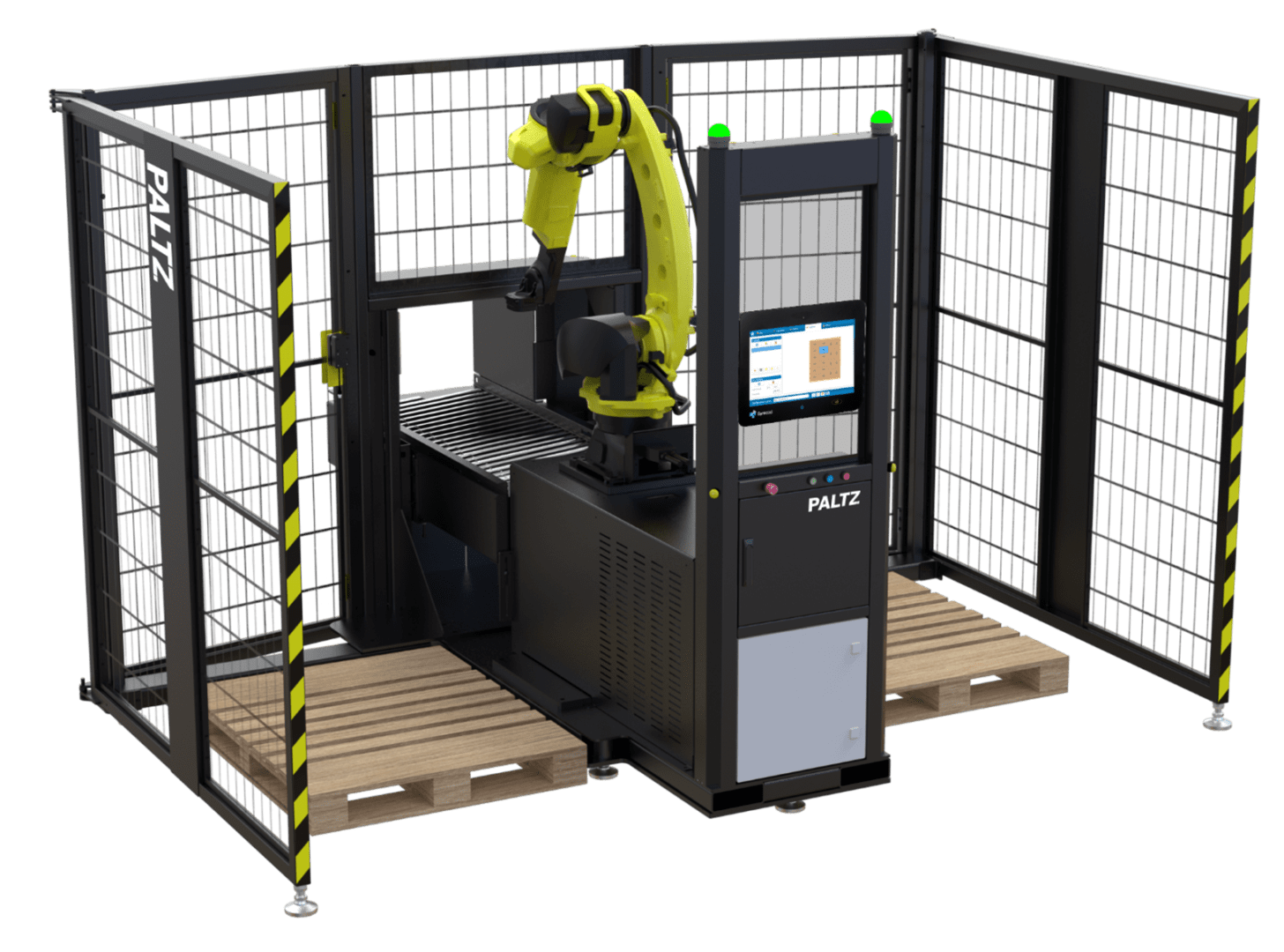 A yellow robot is in the middle of a cage.