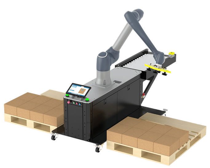 A robot arm is moving pallets on the conveyor belt.