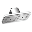 A white shower head with two small holes.