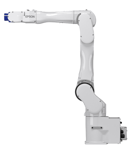 A white robot arm with green background