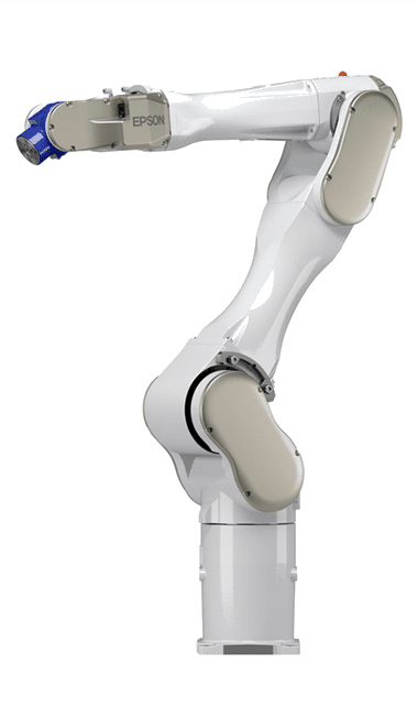 A white robot arm with blue handle and green background