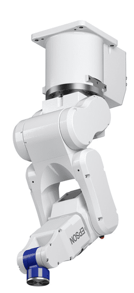 A white robot is standing up and looking down.