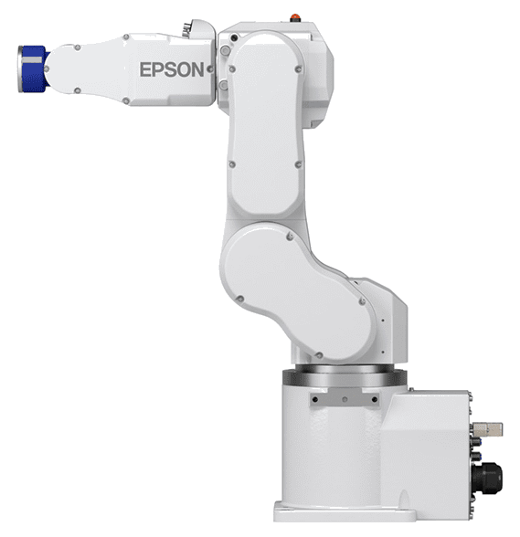 A white robot arm with a green background