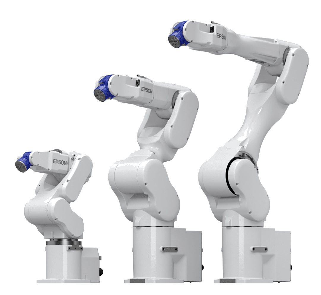 Three different sized robots are shown in a row.