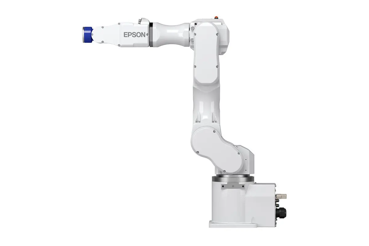A white robot arm with blue buttons on it.
