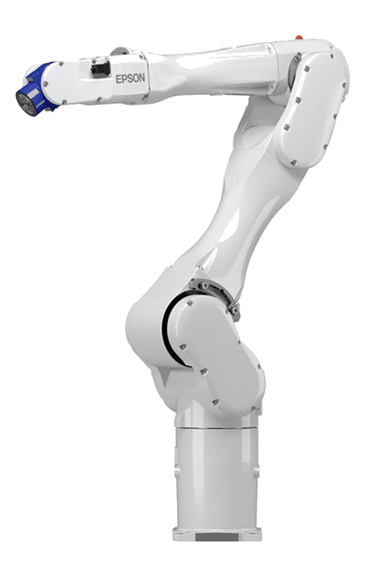 A white robot arm is shown on the ground.