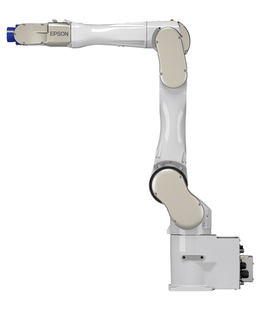 A white robot arm with green background