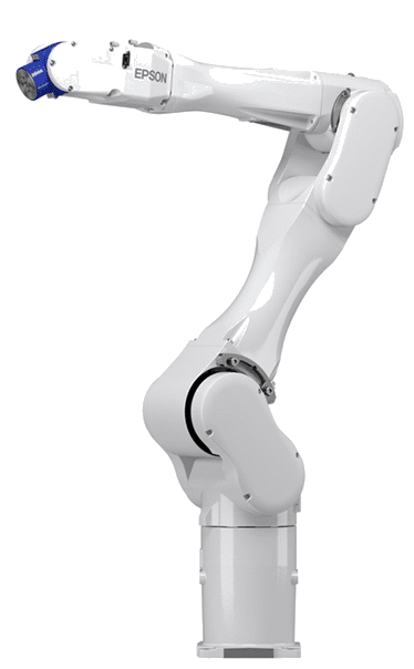 A white robot arm is shown on the ground.