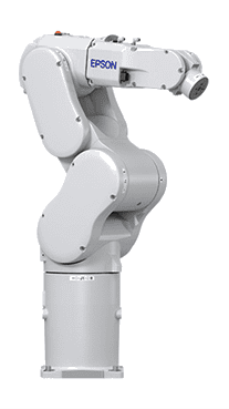 A white robot arm is standing up against the wall.