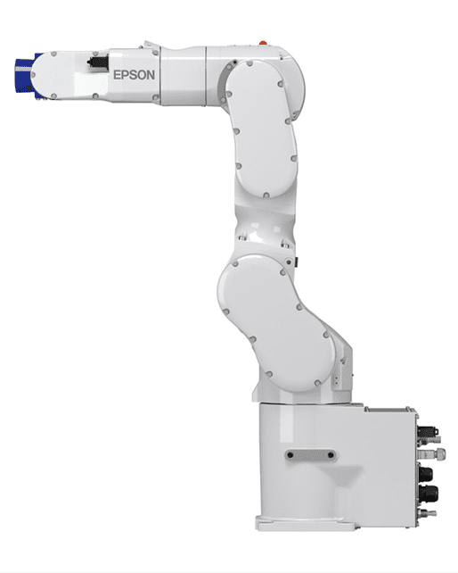 A white robot arm with blue accents.
