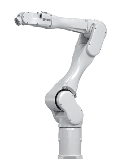 A white robot arm is standing up against the wall.