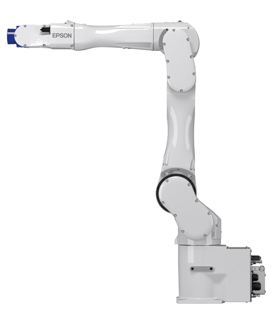 A white robot arm with blue handle and green background