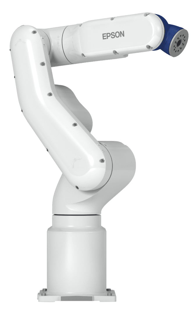 A white robot arm is shown on the ground.