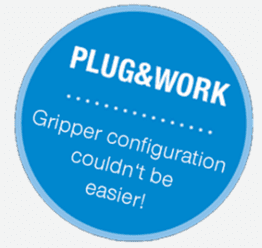 A blue button with the words " plug & work."