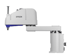 A white and blue epson projector on top of a table.