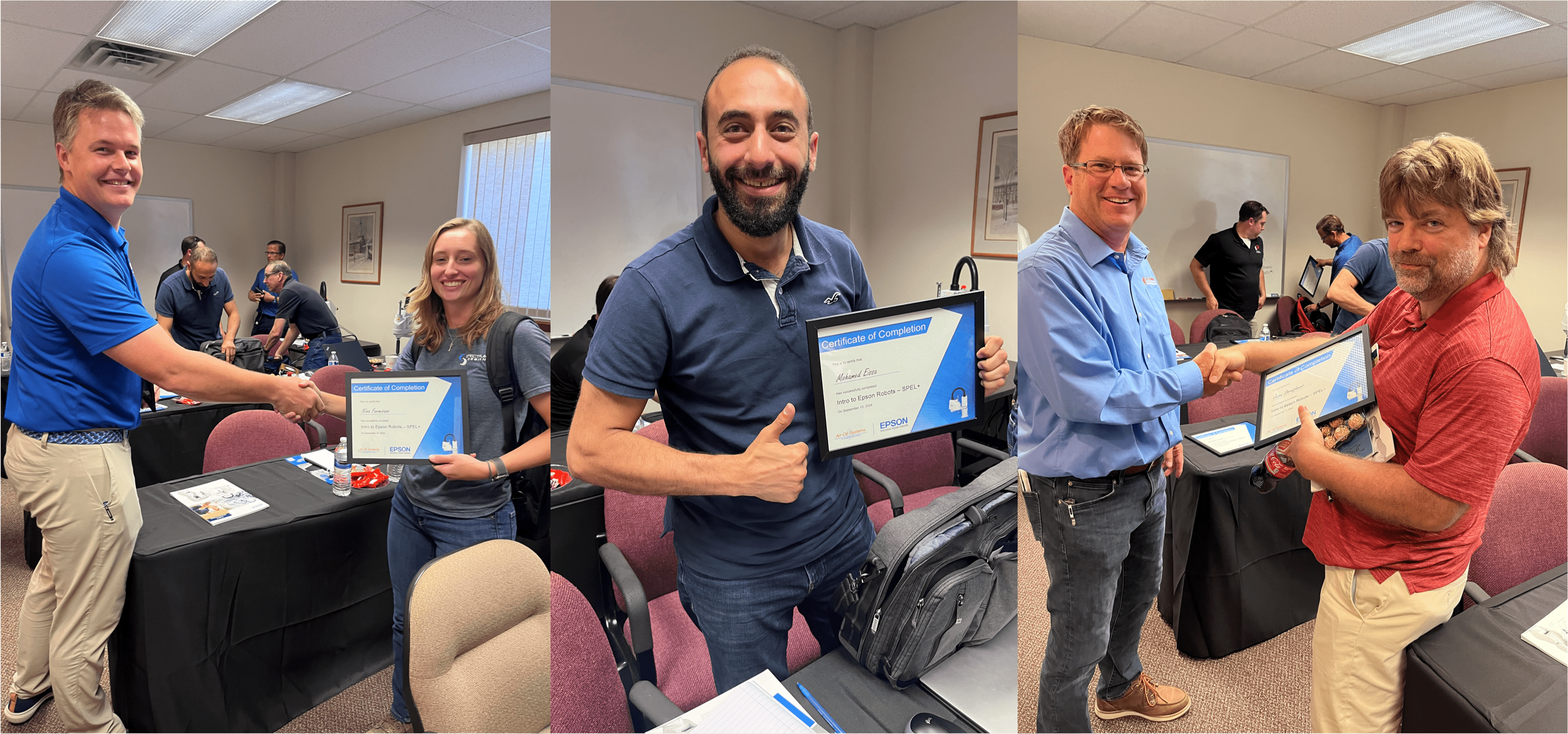 Three photos of people holding certificates and a backpack.