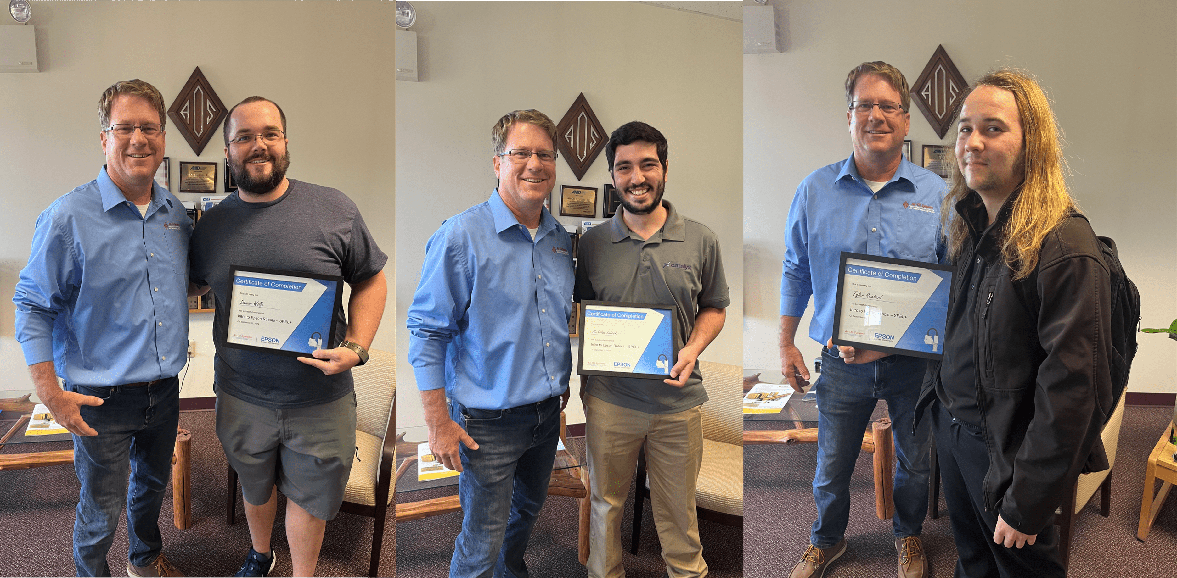 Three photos of two men holding certificates.