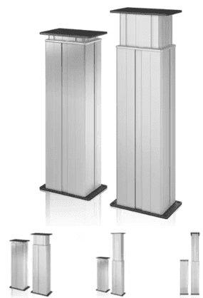 A pair of tall silver pillars with different sizes.