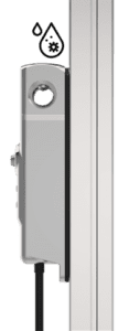 A white door with a green background