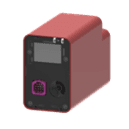 A red box with a black and pink button