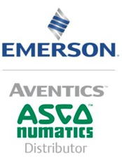 A group of logos for emerson, aventics and asco numatics.
