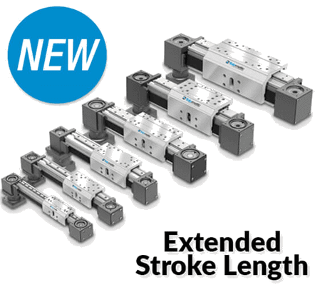 A group of three cylinders with the words " new extended stroke length ".